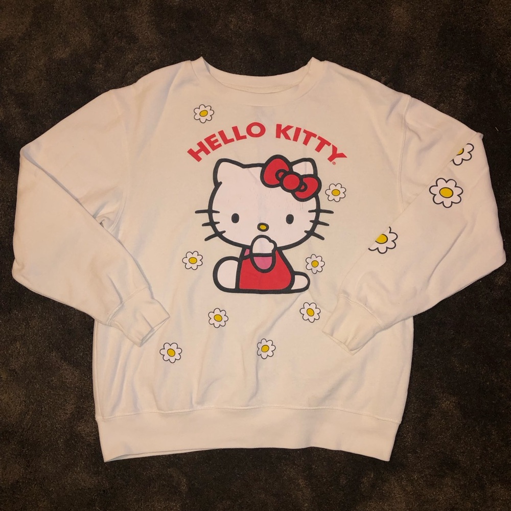 Hello Kitty White Sweatshirt with Red Bow and Yellow Daisy Accents